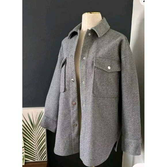 Zara Overshirt Women Gray Button Flap Pockets Oversized Shacket Sz L 3046 621